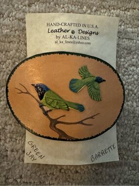 Hand-Crafted Leather Green Jay Bird Barrette